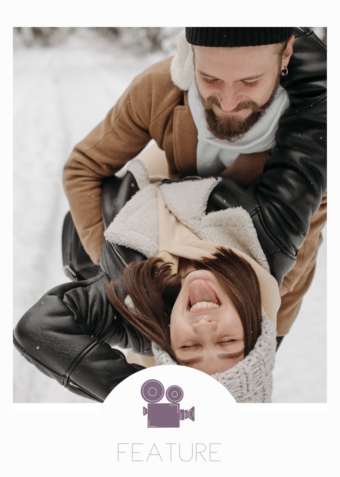 A Photo of a man and woman in the snow. The man dips the woman playfully as she catches snowflakes on her tongue. A reference photo for the screenplay Ready, Never written by Emily Prescott